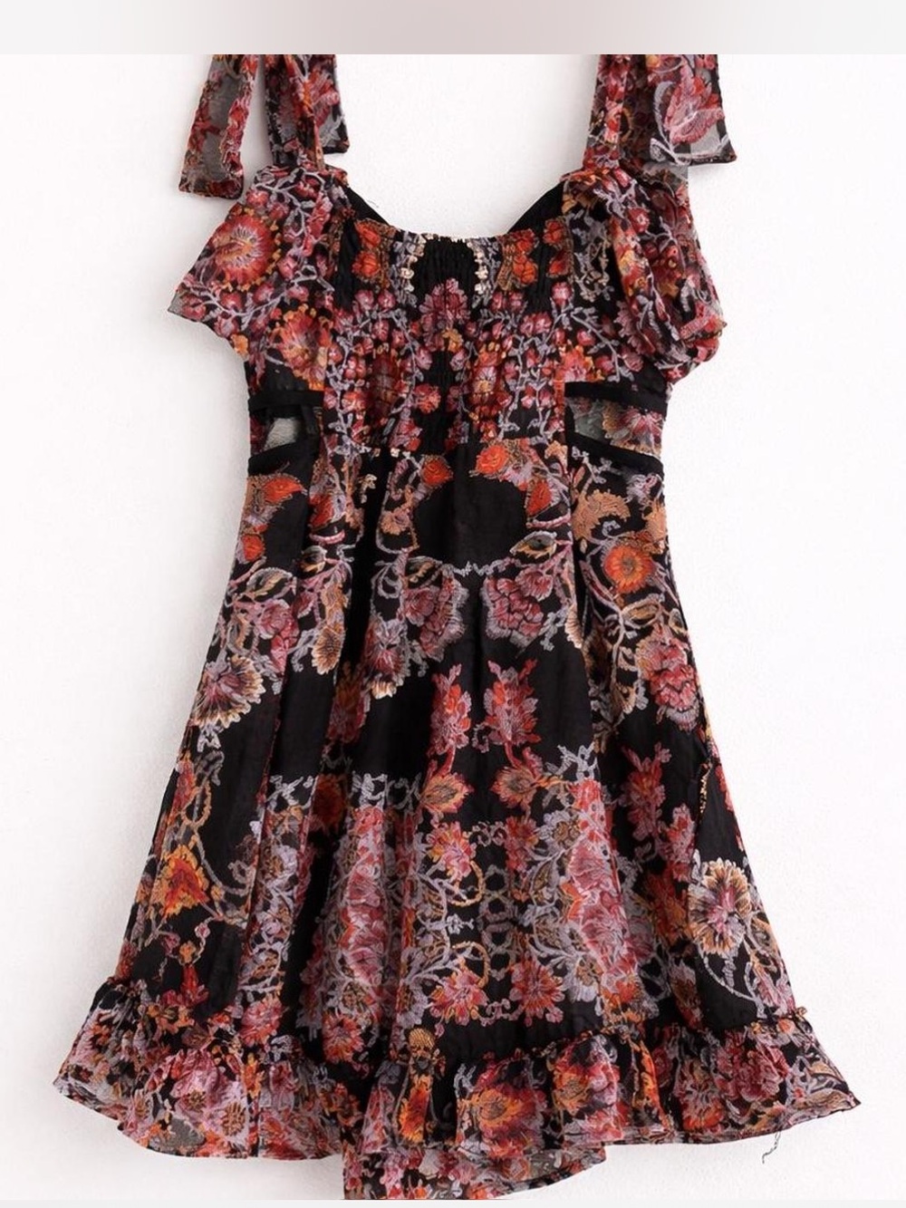 Free People Marie Mini Romper Floral Tie Strap BlackRuffle Sheer Lace romper
